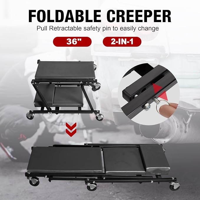 Torin 2-in-1 Foldable Garage Shop Creeper, 300 lbs Capacity, 6 Wheels - Image 2