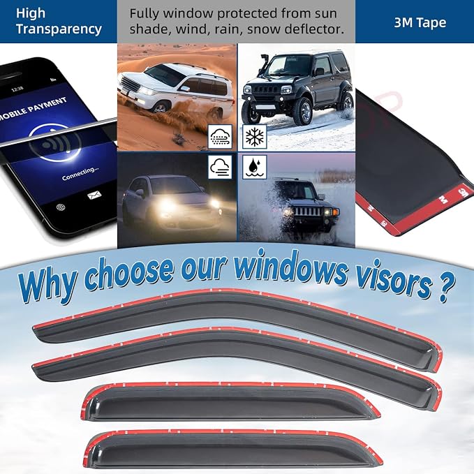 4pcs Front+Rear Smoke Sun/Rain Guard Outside Mount Tape-On Window Visors - Image 2