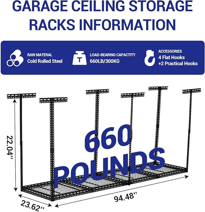 Overhead Garage Storage Rack 2x8 FT, Steel Ceiling Shelves 660lb Capacity - Image 2