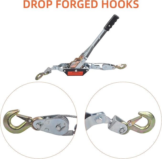 2 Ton Heavy Duty 2 Hook Steel Cable Dual Gear Power Puller Come Along Chain - Image 2