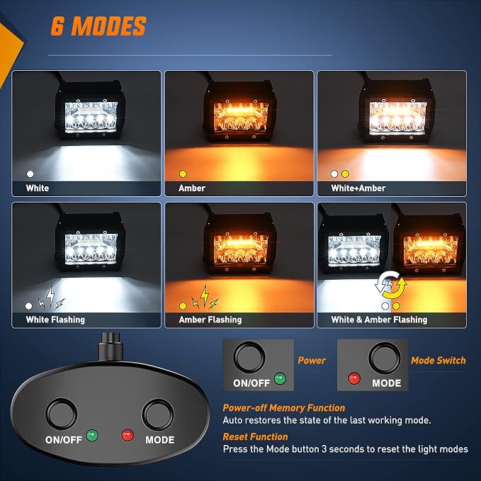 Nilight 2PCS 4Inch 60W LED Pods Spot Flood Amber White Light Bar Strobe 6 Modes - Image 3
