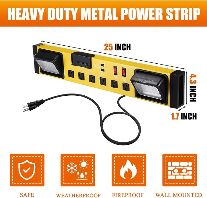 6 Outlets Power Strip with LED Worklight, Metal Heavy Duty Wall Mount Workbench - Image 2