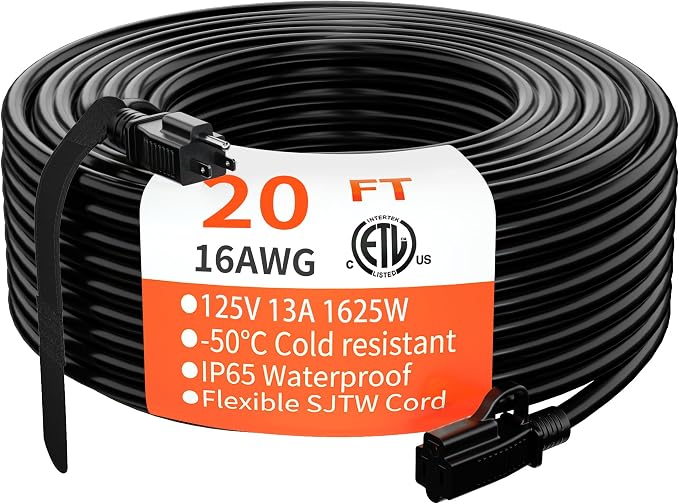 HUANCHAIN Indoor Outdoor Black Extension Cord 20 ft Waterproof, 16/3 Gauge by huanchain