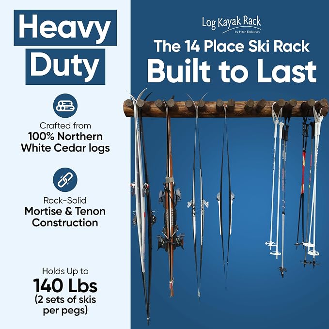14-Place Log Ski Rack Wall Mount, Indoor Ski Storage Rack - Image 3