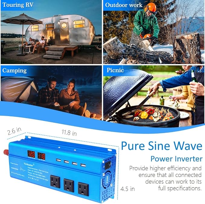 Yinleader 1000 Watt Pure Sine Wave Inverter 12V to 110V DC to AC Car Power - Image 7