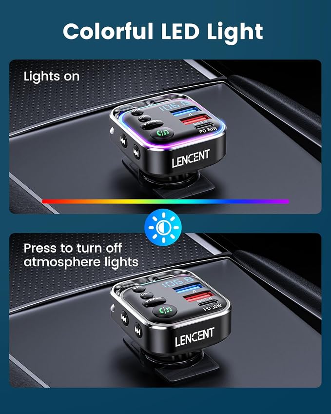 LENCENT Bluetooth 5.3 FM Transmitter Car Adapter 48W Fast Charger, Light Switch - Image 6