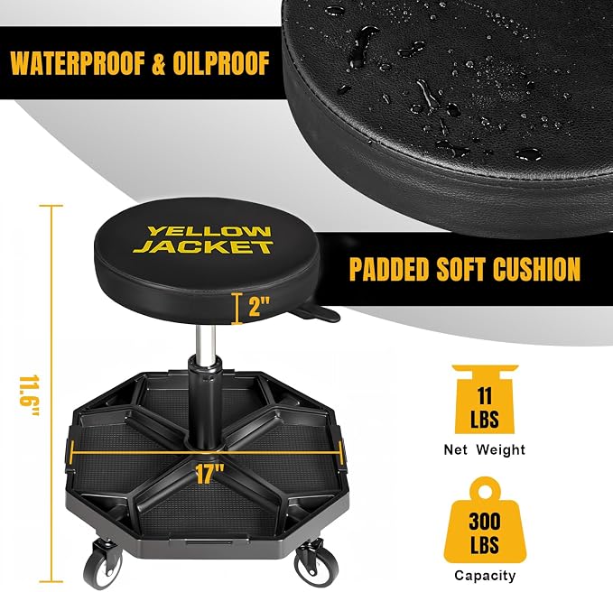 YELLOW JACKET Rolling Garage Seat Adjustable Pneumatic Shop Creeper Seat 300Lbs - Image 4