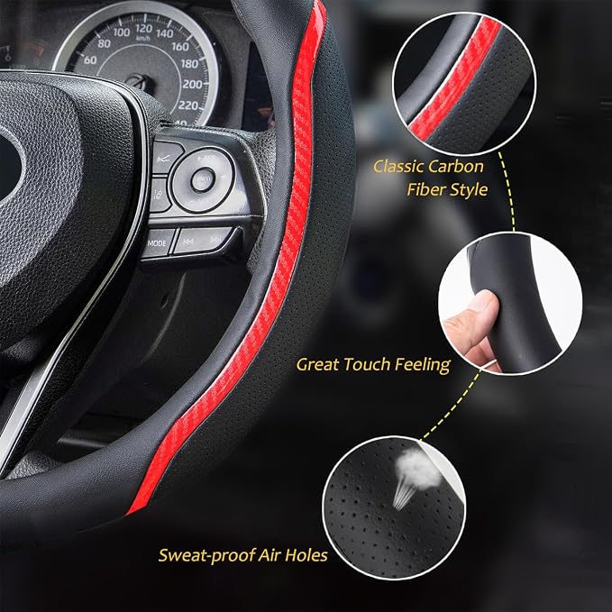 Steering Wheel Cover Black Red, Carbon Fiber Car Steering Wheel Covers - Image 4