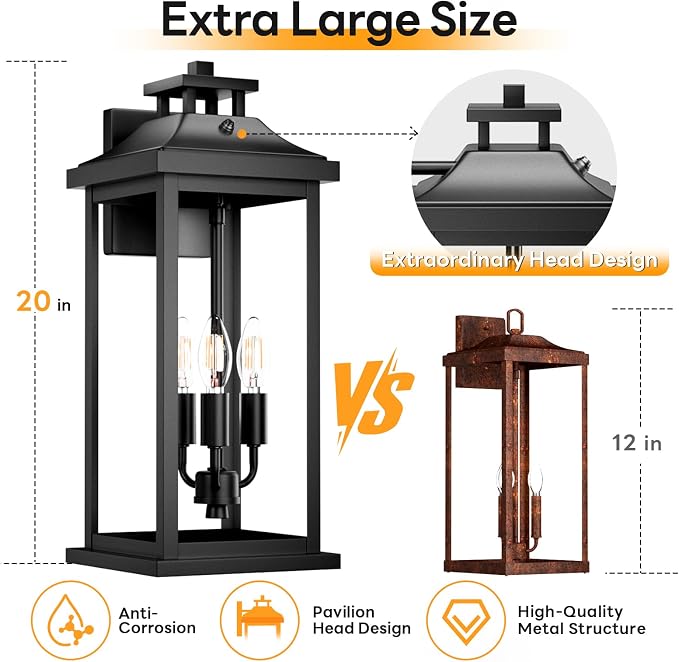 20" Large Dusk to Dawn Outdoor Lights 3-Light, 2 Pack Black Modern Exterior - Image 3