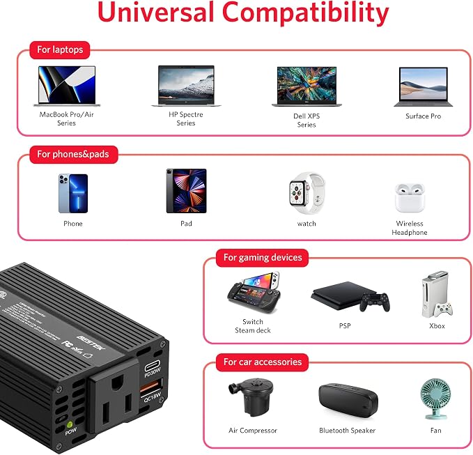 BESTEK 150W Car Power Inverter, DC 12V to 110V AC Converter PD 30W QC 3.0 18W - Image 3