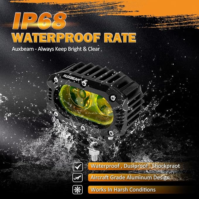 Auxbeam 4 Inch LED Amber Pod Light, 5050 Driving Light 60W Yellow Flood Beam - Image 4