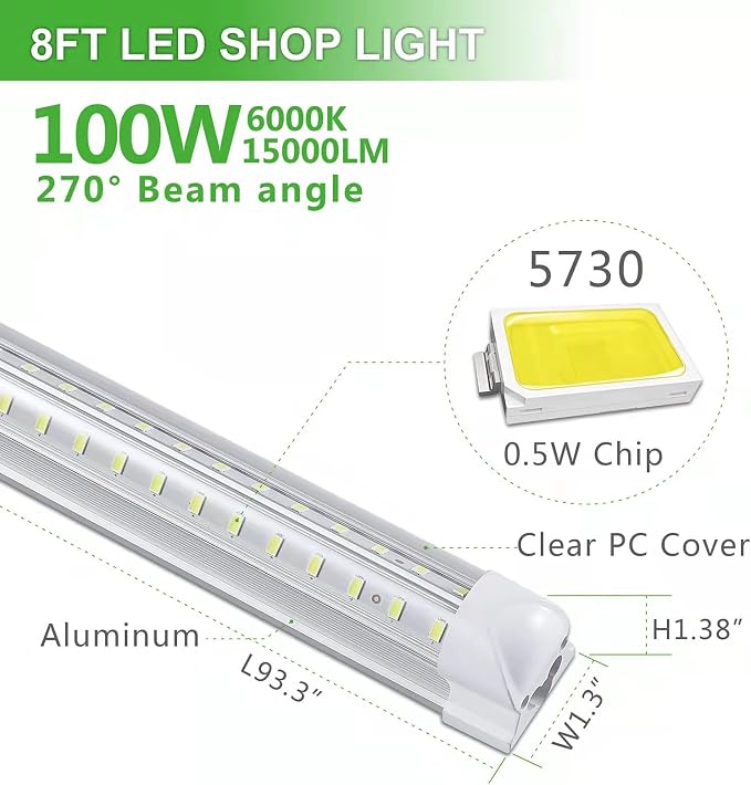 8Pack 8FT LED Shop Light Garage Light, 100W 6000K White Light 15000LM Super - Image 2