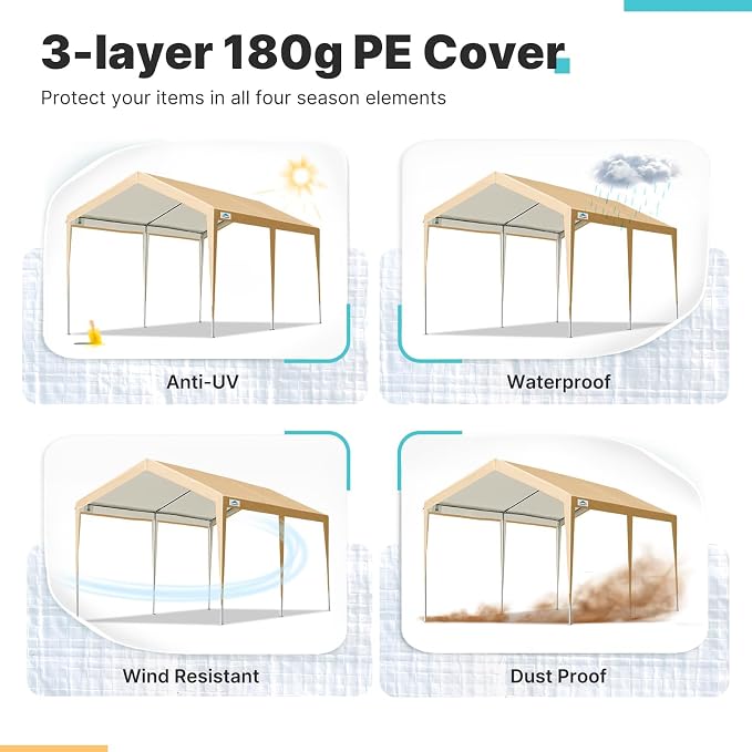 ADVANCE OUTDOOR Adjustable 10x20 ft Heavy Duty Carport Car Canopy Garage Boat - Image 4