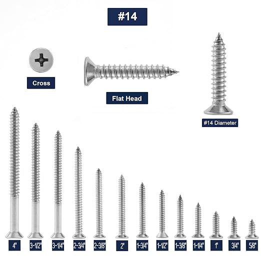 #14 x 1-1/2" Wood Screw 100Pcs 18-8 Stainless Steel Screws Flat Head Phillips - Image 3