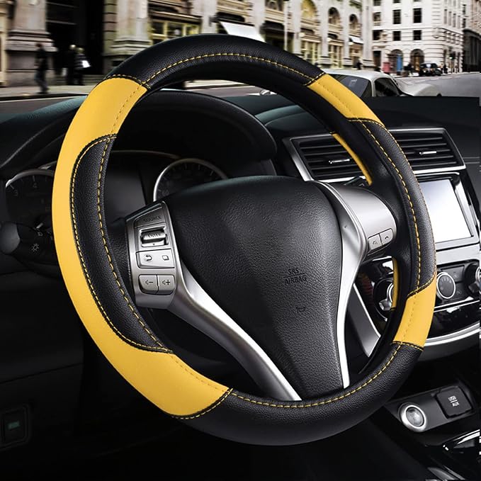 Leather Car Steering Wheel Cover, Non-Slip Car Wheel Cover Protector Breathable by Szttswamp
