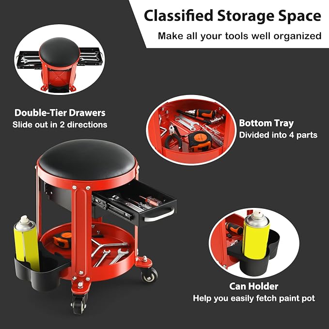 S AFSTAR Garage Shop Roller Seats, Adjustable Pneumatic Rolling Creeper Stool - Image 3