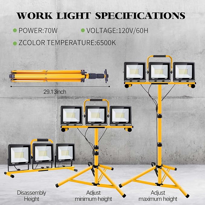 21000 Lumen Work Lights with Stand, 3 Adjustable Head LED Work Light，Foldable - Image 7