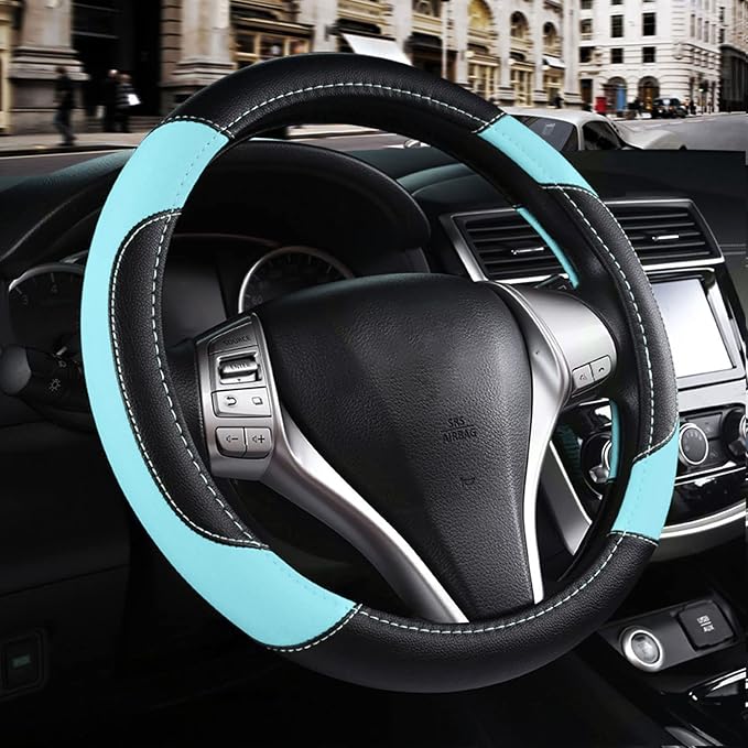 Leather Car Steering Wheel Cover, Non-Slip Car Wheel Cover Protector Breathable by Szttswamp