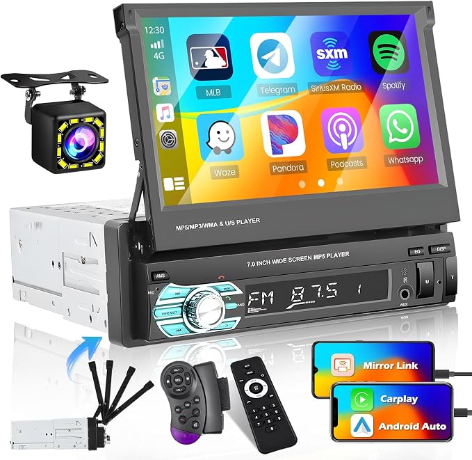 Hikity Carplay Single Din Car Stereo, 7 Inch Flip Out Touch Screen Car Radio by Hikity