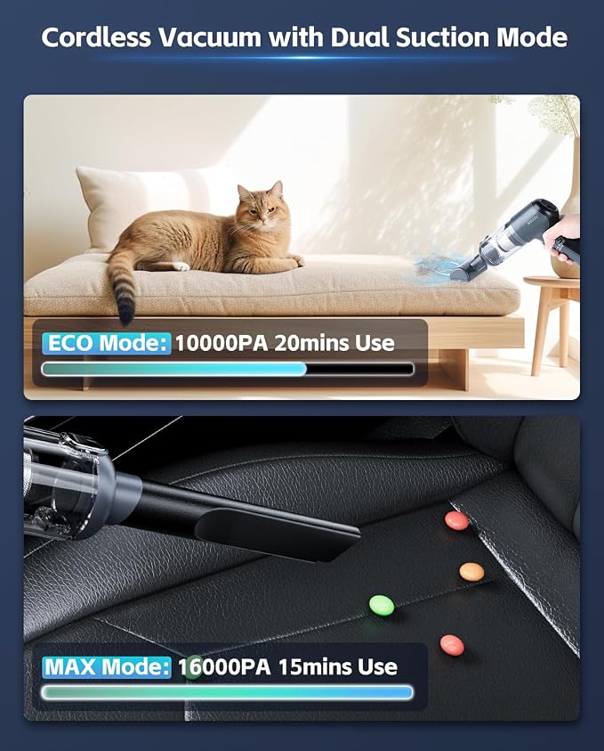 Car Vacuum Cleaner, 80W/16Kpa/20Mins, Lightweight Mini High Power Pet Portable - Image 3