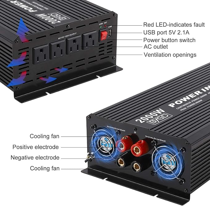 BYGD 2000W Power Inverter 12V DC to 110V AC Inverter Converter - Image 6