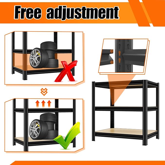 Garage Shelving, 3-Tier Adjustable Storage Shelves, Metal & Wood Pantry Shelf - Image 6