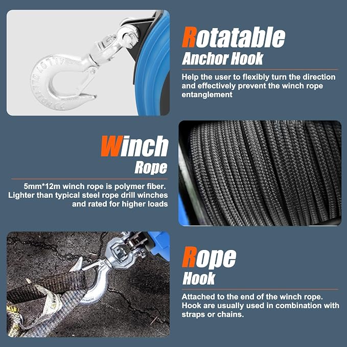 Portable Drill Winch of 1000 LB, Rotate The Hook 360 Degrees, - Image 4