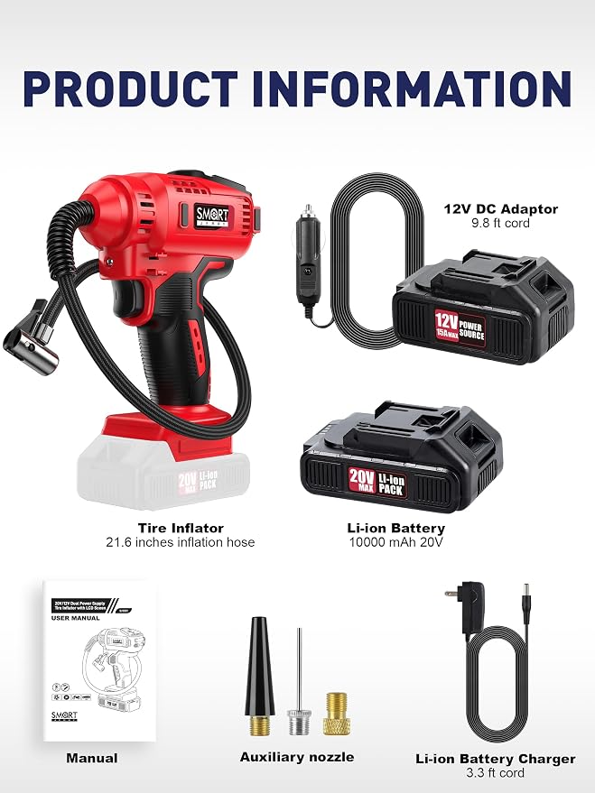 SMART JERRY - Car Tire Inflator Portable Air Compressor | 20V/12V Dual-Power - Image 2