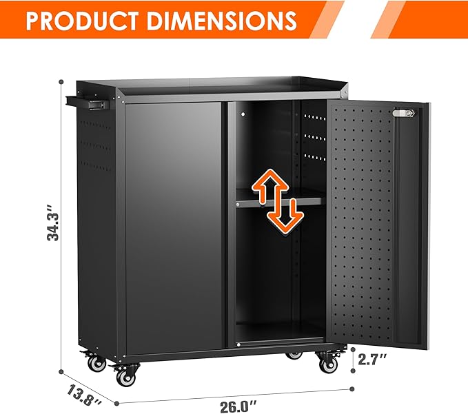 Garage Storage Cabinet with Wheels & Pegboard, 34.3" H Locking Metal Tool - Image 2