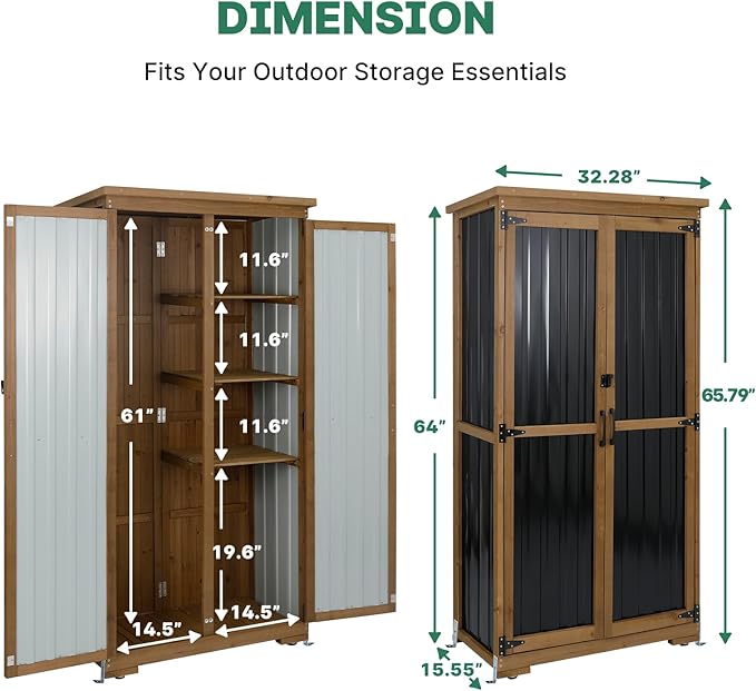 Outdoor Storage Cabinet Wood & Metal, Tall Tool Shed - Image 3