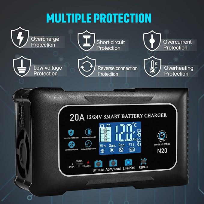20-Amp Lifepo4 Lithium AGM Gel Smart Battery Charger, 12V/20A 24V/10A Trickle - Image 5