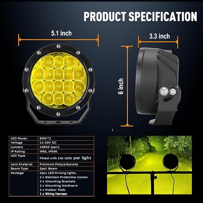 BIGLION.X 5Inch 160W Round Offroad Lights 18800LM LED Amber Fog Lights Yellow - Image 2