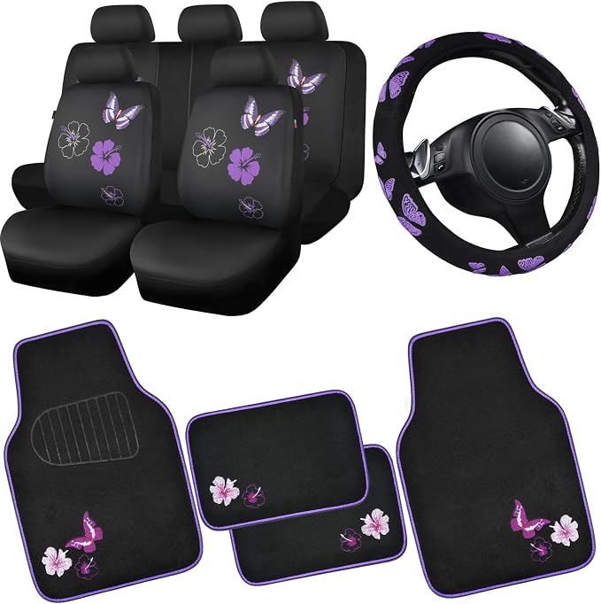 CAR PASS Universal Cloth Butterfly Car Seat Covers Full Set, Embroidered Flower by CARPASS