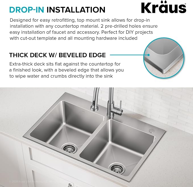 KRAUS Fairlane 33-inch Drop In/Top Mount Double Bowl 18-Gauge Stainless Steel - Image 10