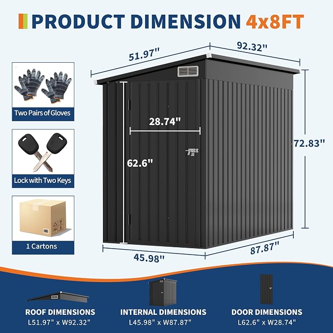 4x8 FT Metal Outdoor Lean to Storage Shed, Lean to Garden Shed Utility Tool Shed - Image 2