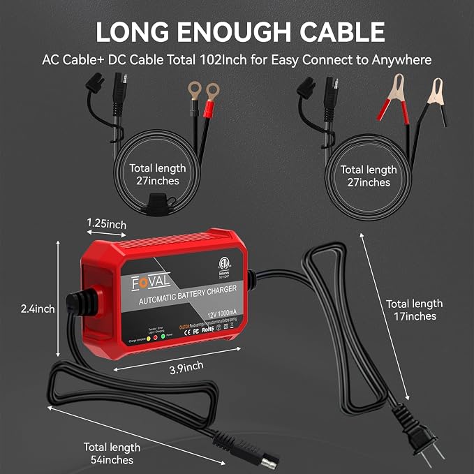 FOVAL Fully Automatic Trickle Charger, 1000mA 12V Smart car Battery Charger - Image 7