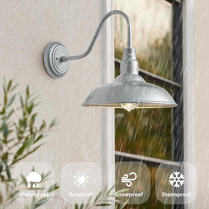 10'' Dome Outdoor Gooseneck Barn Light, Galvanized Steel Exterior Wall Lantern - Image 2