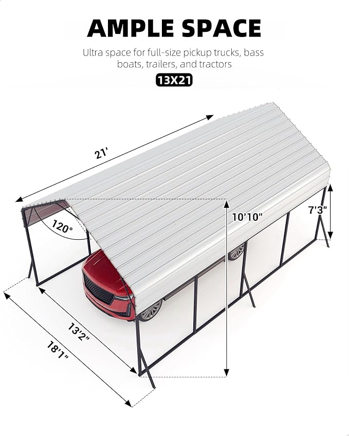 13'x21'x11' Oversized Metal Carport, Steel Heavy Duty Car Ports - Image 4