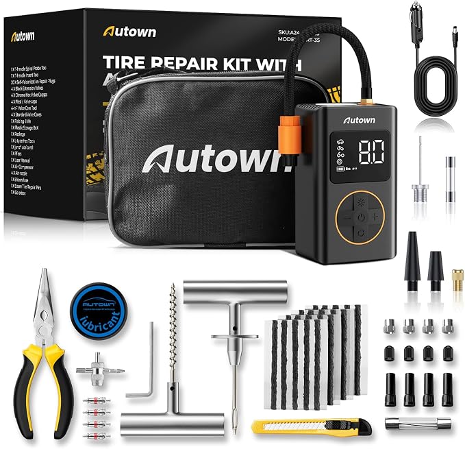 Flat Tire Repair Kit with Air Compressor 54 Pieces by AUTOWN
