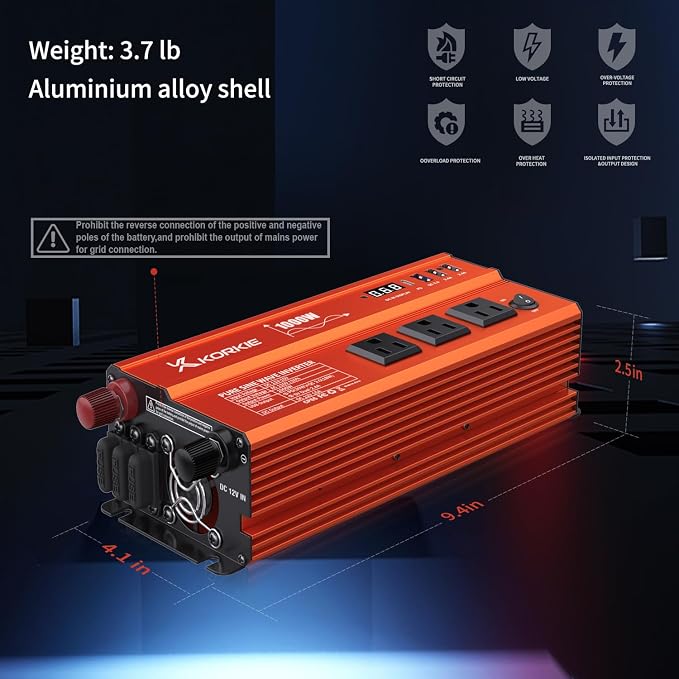 1000W Pure Sine Wave Inverter, Car Power Inverter, 12V DC to 110V AC Power - Image 7