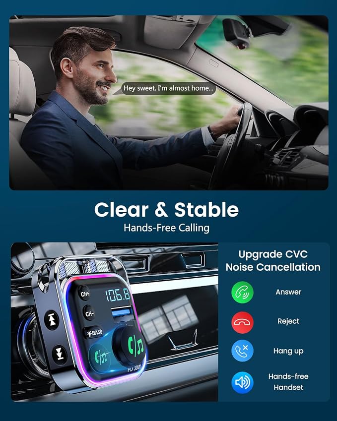 LENCENT Bluetooth 5.3 FM Transmitter Car Adapter 48W Fast Charger, Light Switch - Image 4