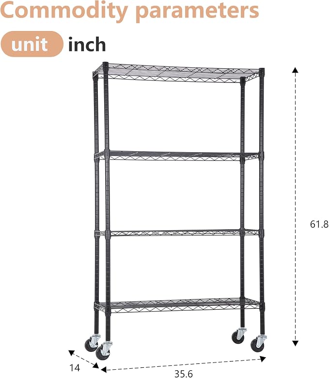4-Tier Adjustable NSF-Certified Metal Shelf 36L x 14W x 62H Wire Shelving Unit - Image 3