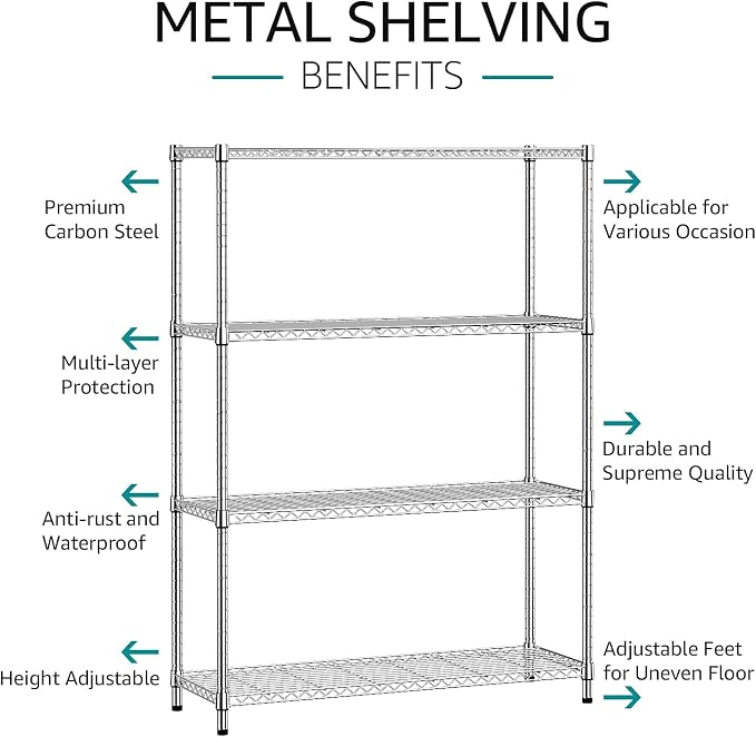 IZEUK 1400 LBS Garage Chrome Shelving Wide Storage Shelves 4 Tier Adjustable - Image 4