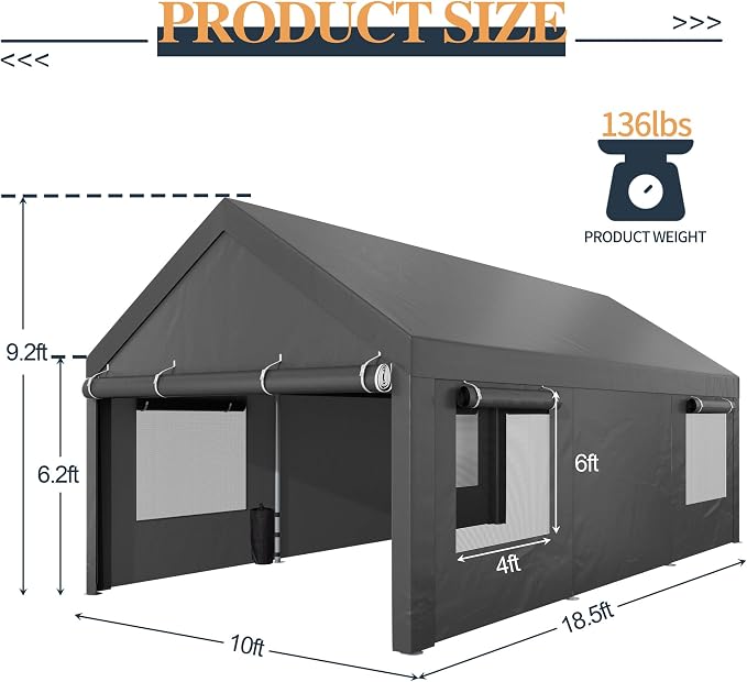 Shintenchi Carport 10' x 20' Heavy Duty Portable Garage, Carport Canopy - Image 3