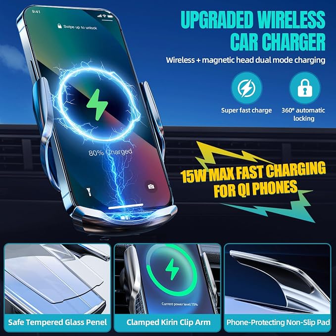 Wireless Car Charger, MAX 15W Fast Charging Auto Clamping, Sensing Phone Holder - Image 2