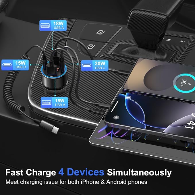 USB C Car Charger, 4-Port 65W Dual 12V USB-A & USB-C Car Phone Charger - Image 5