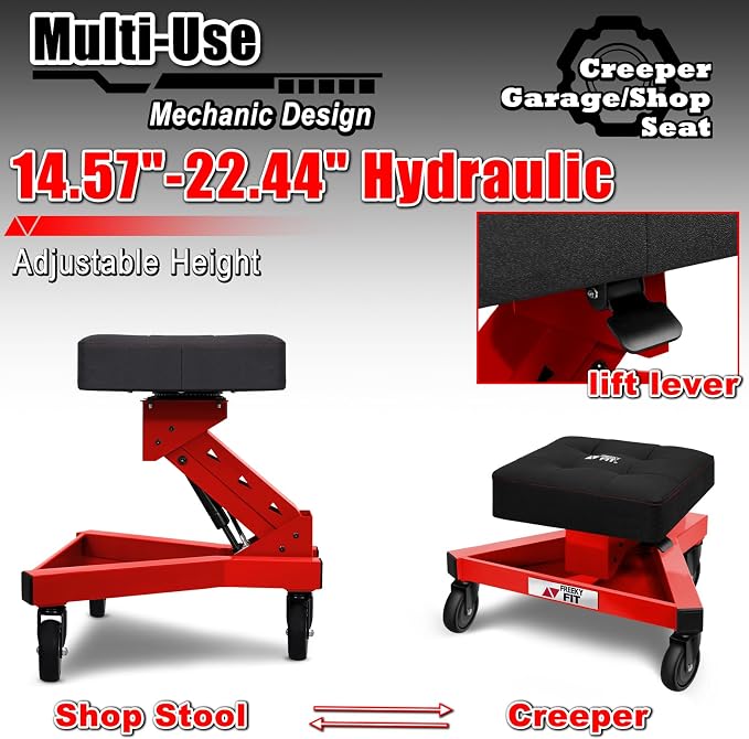 Mechanic Stool with Wheels, Hydraulic Adjustable Shop Stool on Wheels, Garage - Image 3
