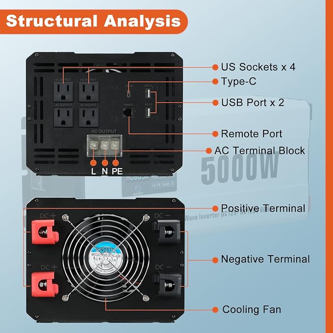 5000 Watts Power Inverter Peak 10KW, Pure Sine Wave 12V DC to 120V AC Off Grid - Image 4
