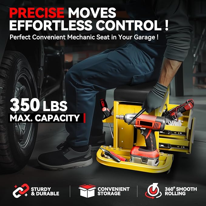 Auto Dynasty 3-Drawer Mechanic Rolling Seat, 350 LBS Capacity Roller Garage - Image 2
