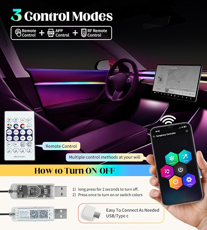 KENANEK Acrylic Interior Car LED Strip, 55.12-inch USB/Type C Interface - Image 5